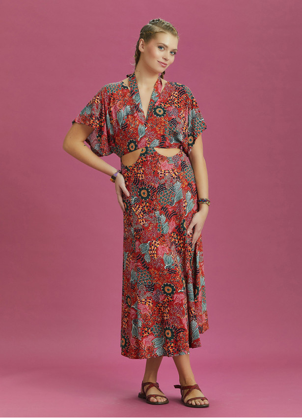 Boho Chic Style Red Printed Cut Out Dress