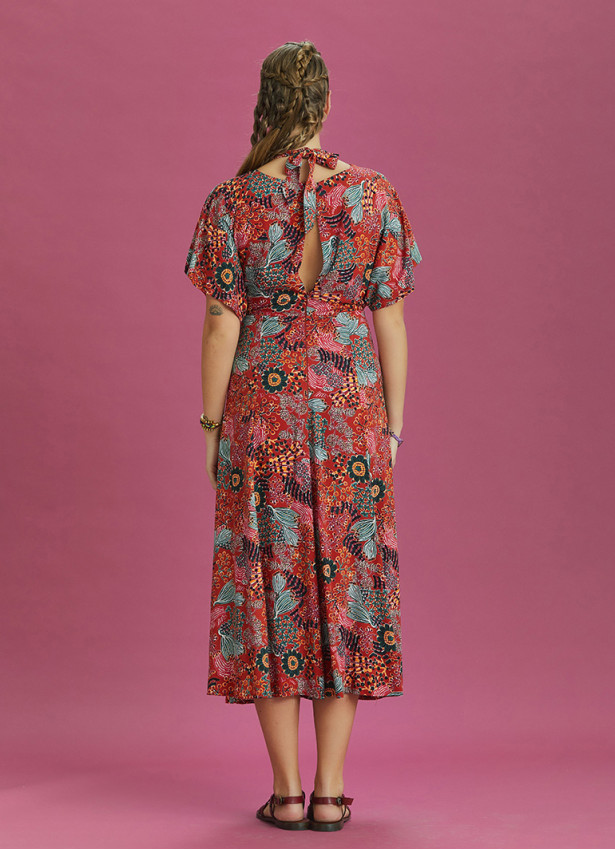 Boho Chic Style Red Printed Cut Out Dress