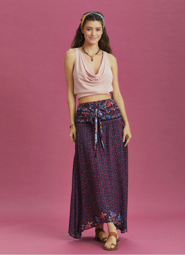 Floral Patterned Loose Asymmetric Skirt