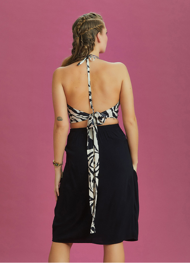 Oversize Pocket Detail Wrap Front Midi Black Boho Skirt