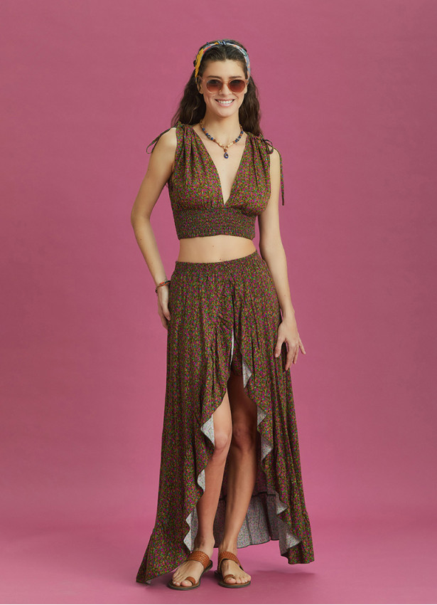 Split Front Frill Hem Green Print Long Gypsy Skirt