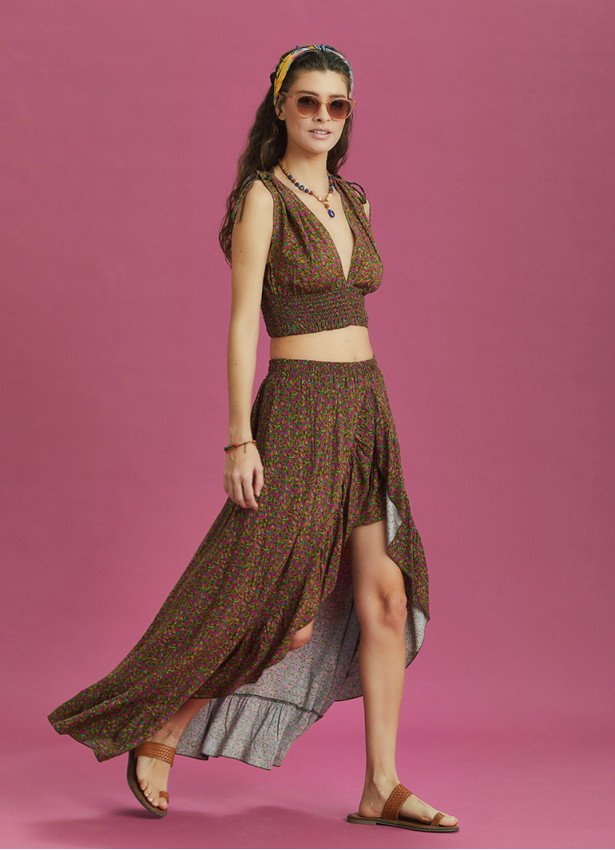 Split Front Frill Hem Green Print Long Gypsy Skirt