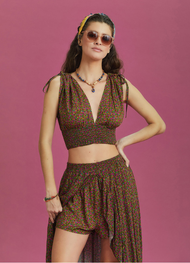 Split Front Frill Hem Green Print Long Gypsy Skirt