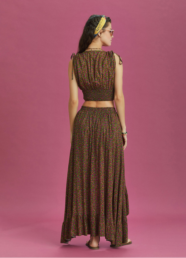 Split Front Frill Hem Green Print Long Gypsy Skirt