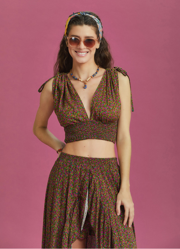 Drawstring Raglan Sleeve Flower Print Shirred Top