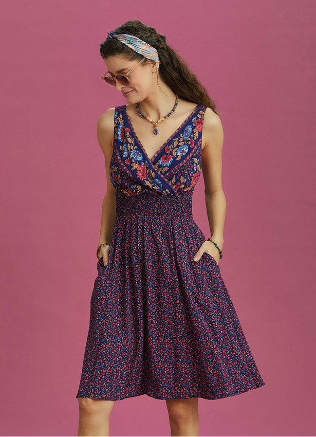 Double Breasted Neck Bohemian Style Flowers Patterned Dress