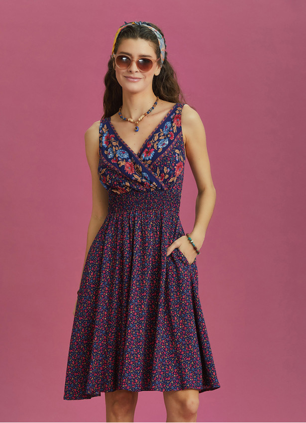 Double Breasted Neck Bohemian Style Flowers Patterned Dress