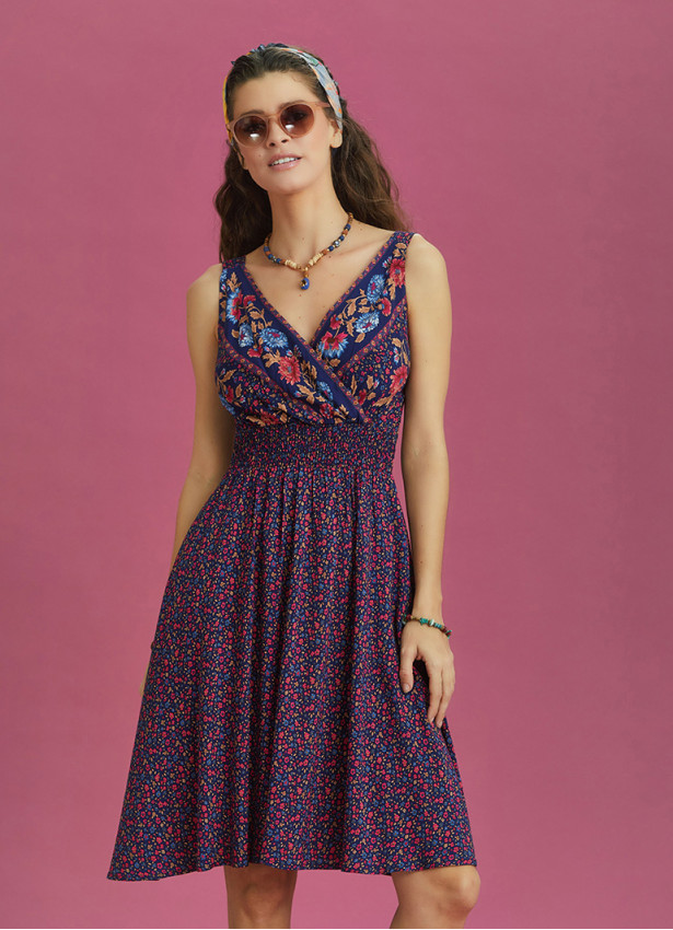 Double Breasted Neck Bohemian Style Flowers Patterned Dress
