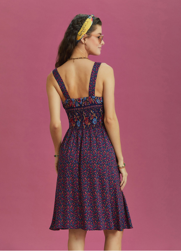 Double Breasted Neck Bohemian Style Flowers Patterned Dress