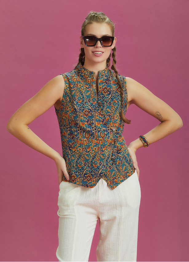 Bohem Style Cross Button Ethnic Print Blouse