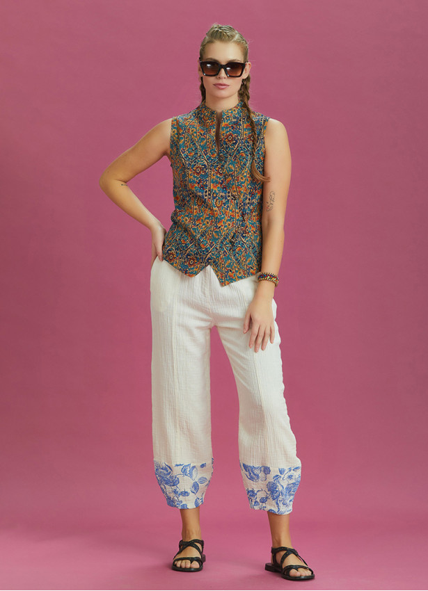 Bohem Style Cross Button Ethnic Print Blouse