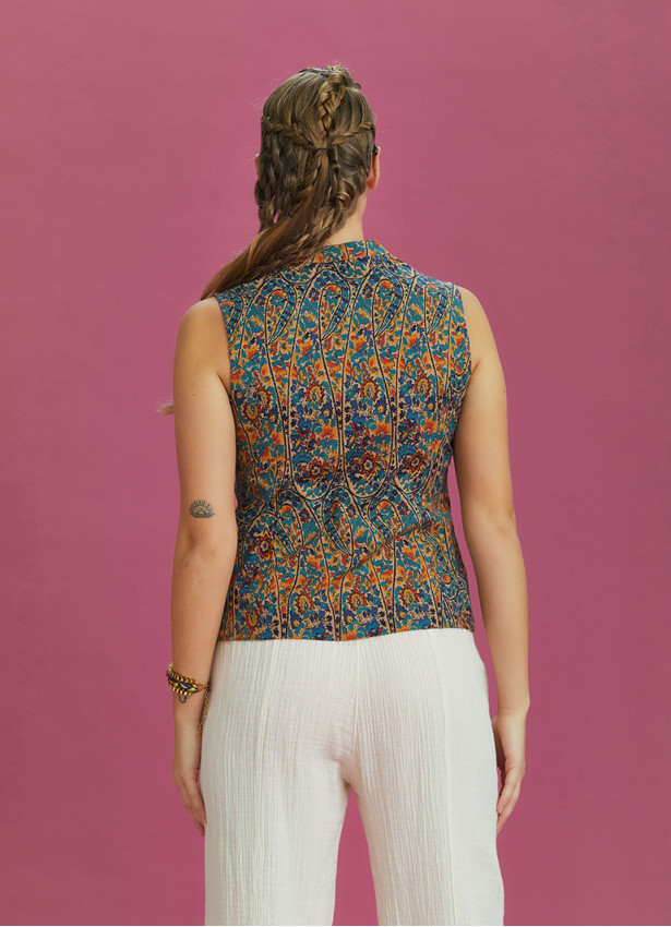 Bohem Style Cross Button Ethnic Print Blouse