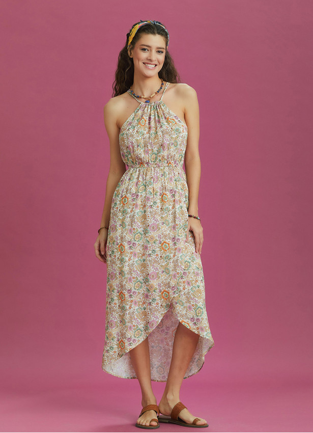 Floral Patterned Halter Neck Summer Dress
