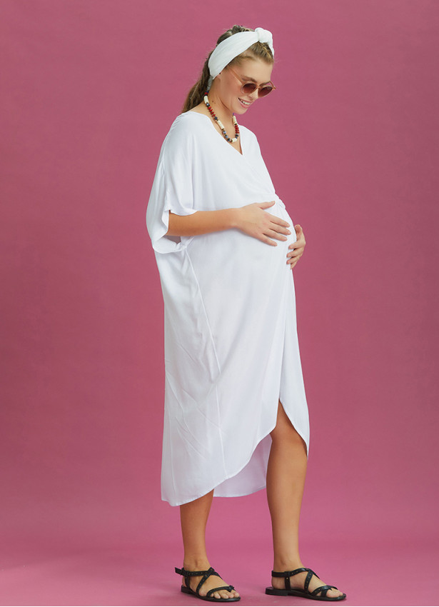 Twist Front Loose White Bat Wing Maternity Dress