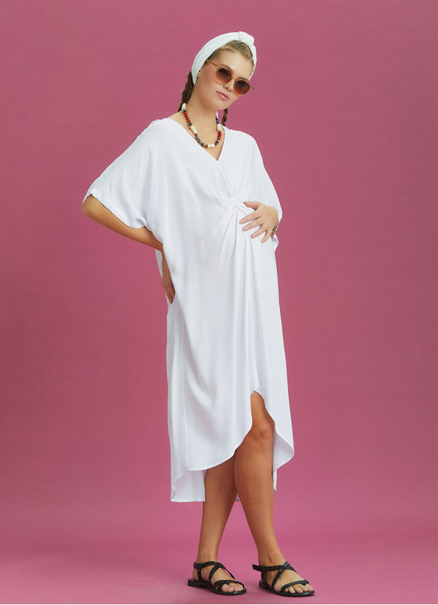Twist Front Loose White Bat Wing Maternity Dress