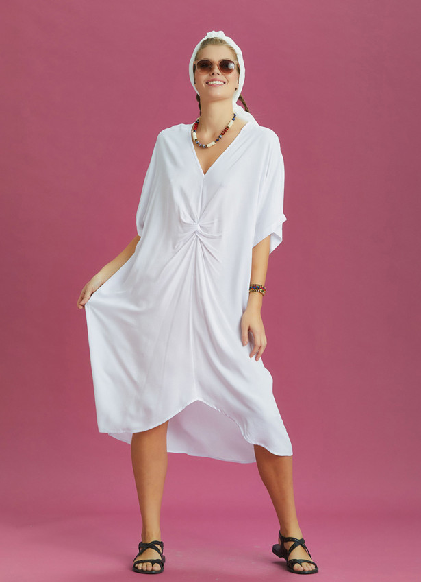 Twist Front Loose White Bat Wing Dress