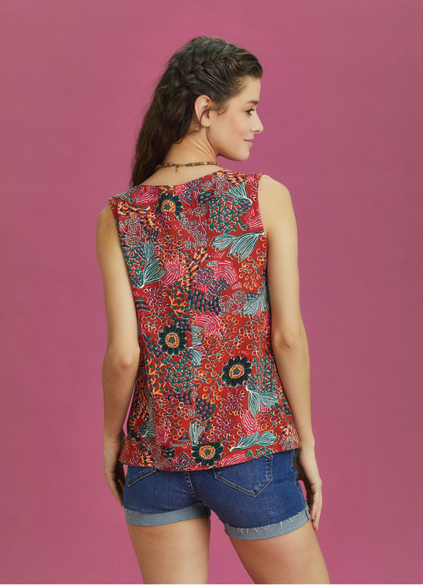 Red Floral Buttoned Summer Top