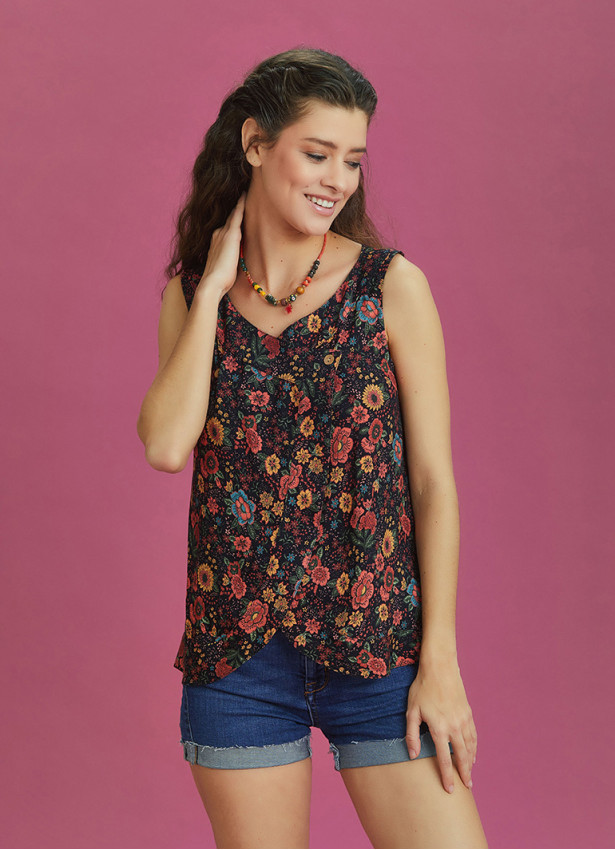 Black Floral Buttoned Summer Top
