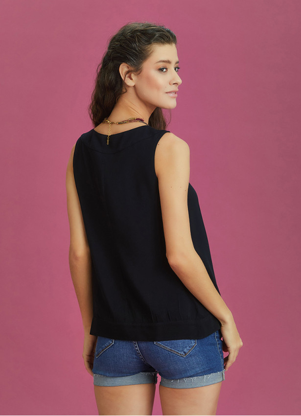 Sleeveless Boat Neck Relaxed Fit Wrap Black Top