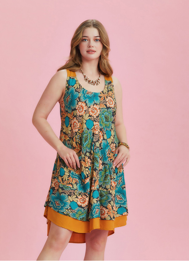 Front Pocket Detail Khaki Print Plus Size Sundress