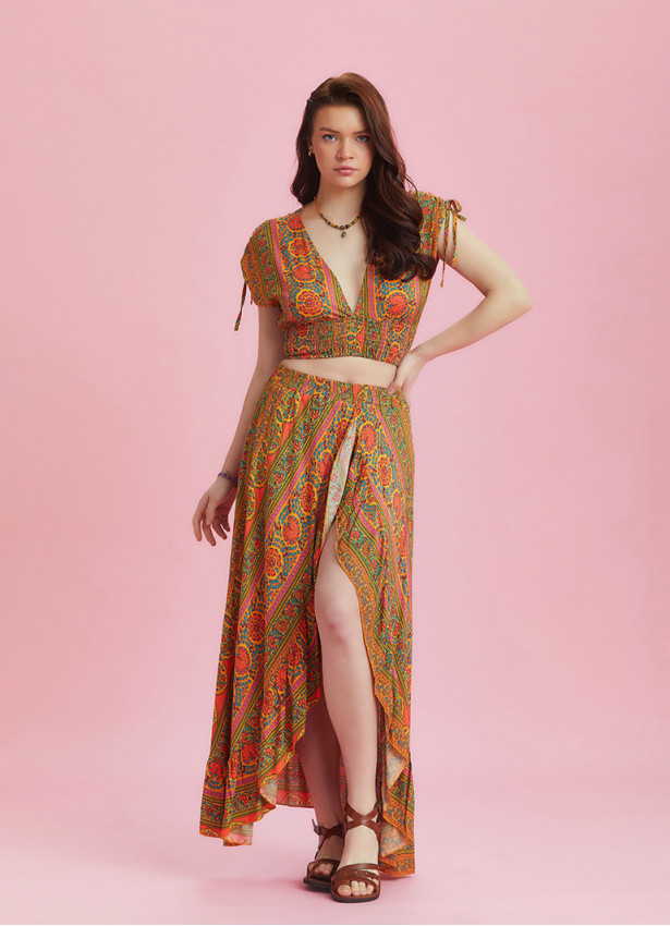 Split Front Frill Hem Orange Print Long Gypsy Skirt