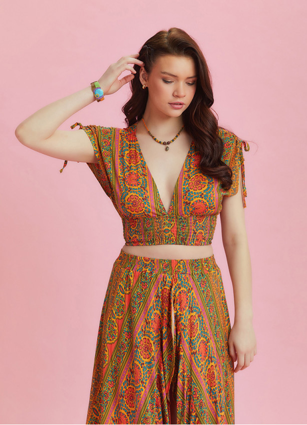 Drawstring Raglan Sleeve Orange Print Shirred Top