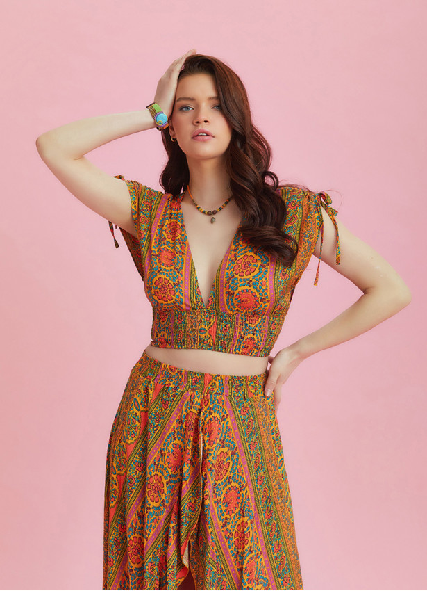 Drawstring Raglan Sleeve Orange Print Shirred Top