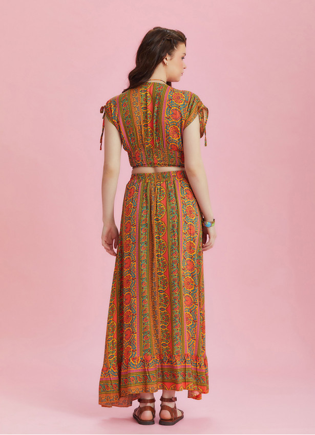 Split Front Frill Hem Orange Print Long Gypsy Skirt