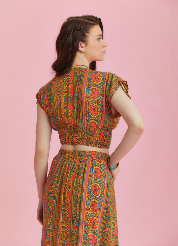 Drawstring Raglan Sleeve Orange Print Shirred Top