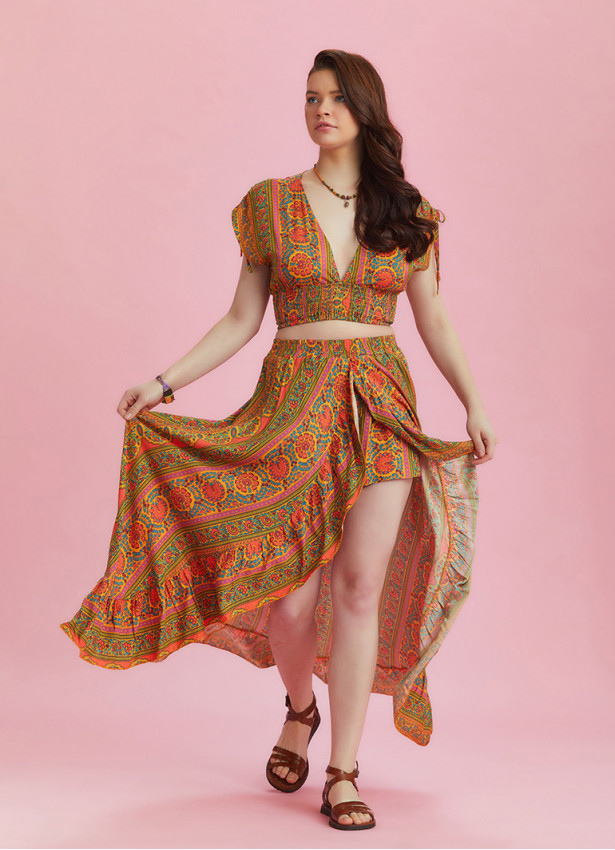 Split Front Frill Hem Orange Print Long Gypsy Skirt