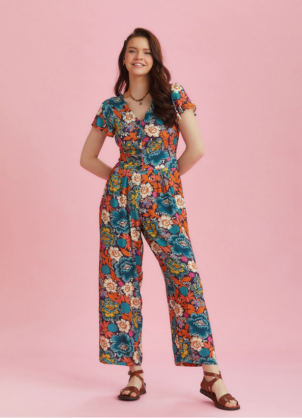 Half Sleeve Floral Patterned Bohemian Jumpsuit