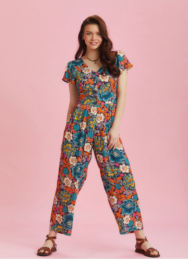 Half Sleeve Floral Patterned Bohemian Jumpsuit