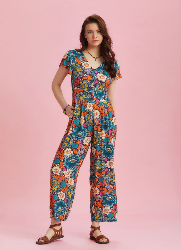 Half Sleeve Floral Patterned Bohemian Jumpsuit