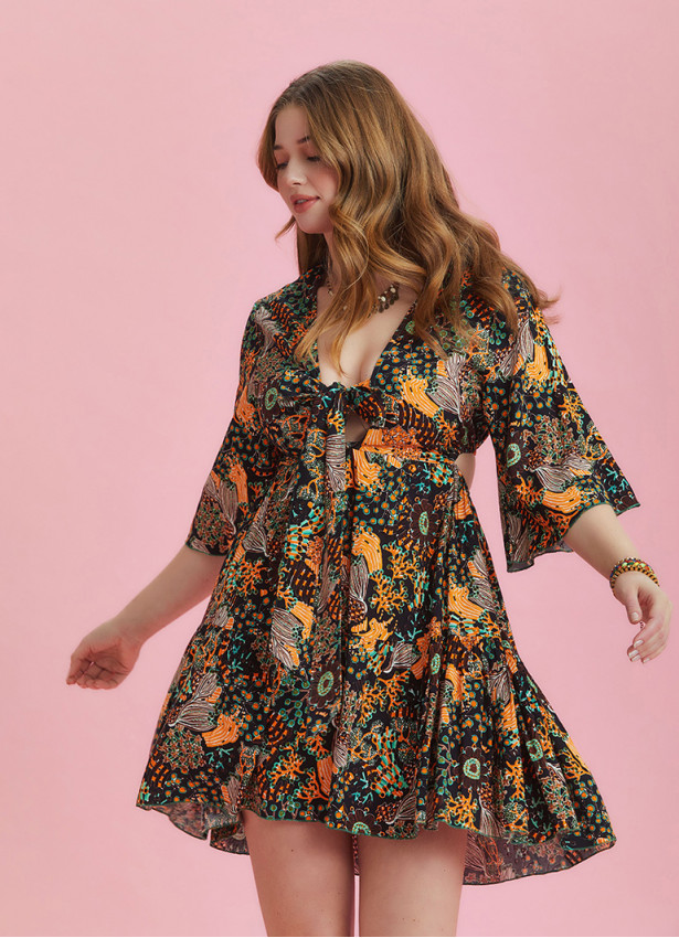 Frill Hem Tie Front Short Black Plus Size Dress