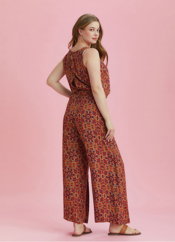 Ethnic Print Wrap Front Sleeveless Plus Size Overall