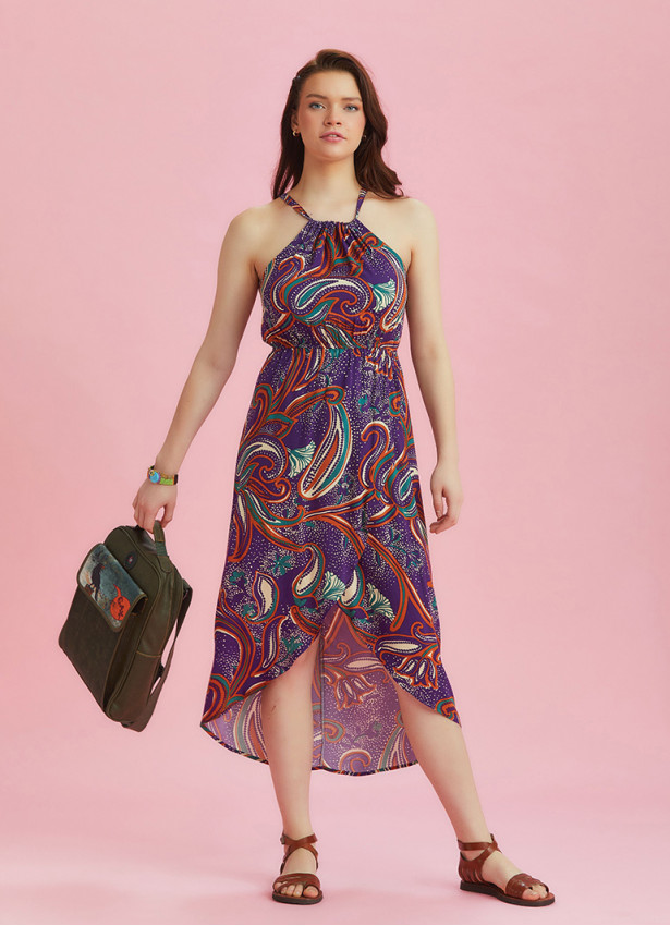 Purple Patterned Halter Neck Summer Dress