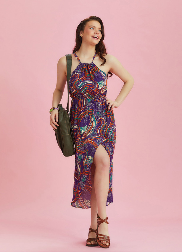 Purple Patterned Halter Neck Summer Dress