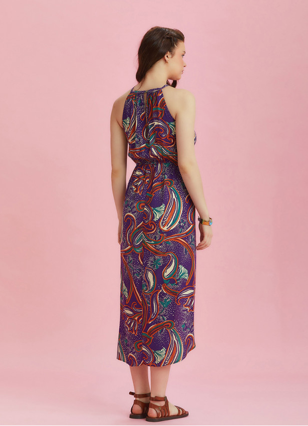 Purple Patterned Halter Neck Summer Dress