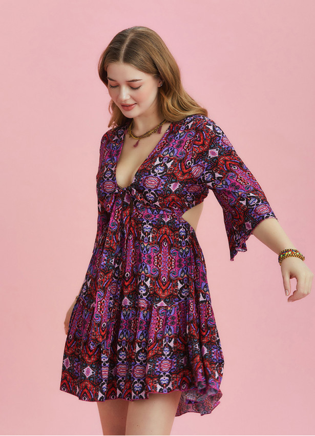 Frill Hem Tie Front Red Short Plus Size Dress