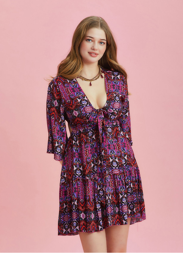 Frill Hem Tie Front Red Short Plus Size Dress