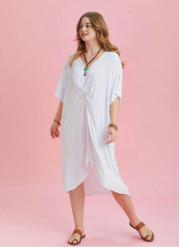 Twist Front Loose White Bat Wing Plus Size Dress
