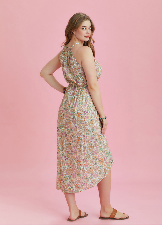 Floral Patterned Halter Neck Plus Size Dress