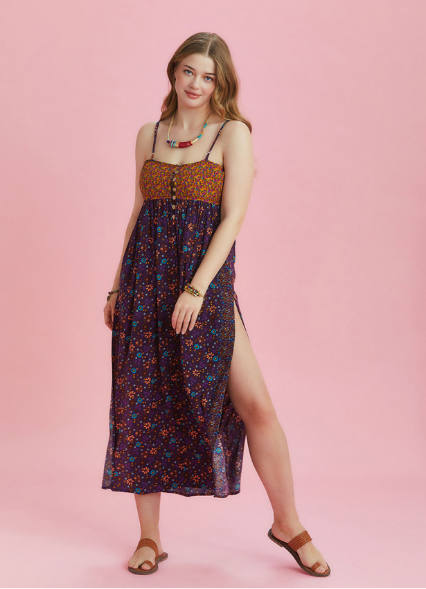 Strappy Button Back Orange Floral Slit Plus Size Dress