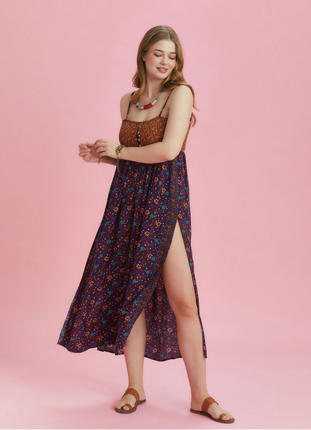 Strappy Button Back Orange Floral Slit Plus Size Dress