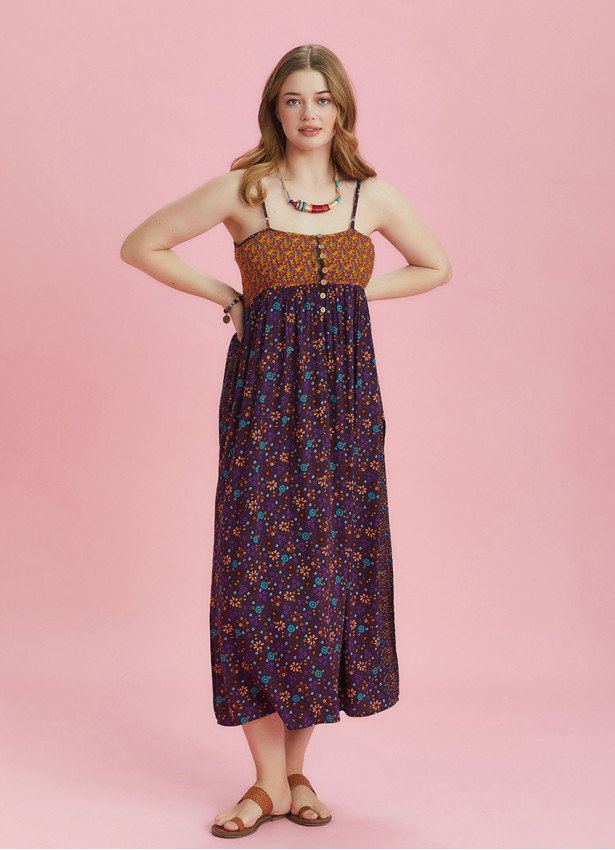 Strappy Button Back Orange Floral Slit Plus Size Dress