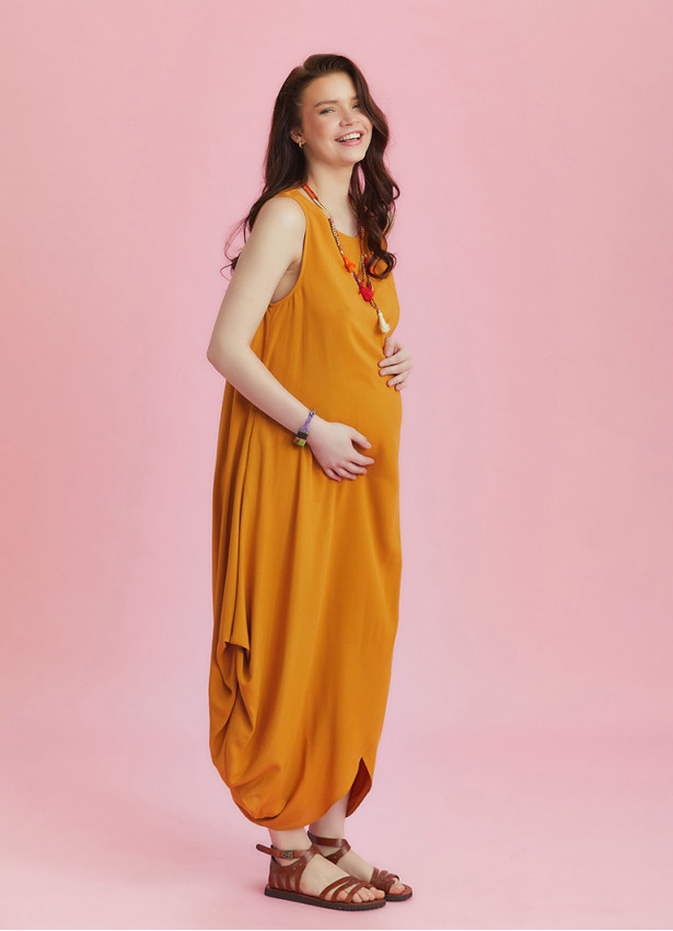 Sleeveless Front Layered Yellow Baggy Maternity Dress