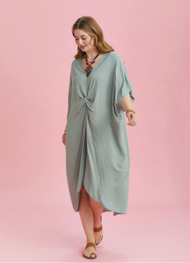 Twist Front Loose Green Bat Wing Plus Size Dress