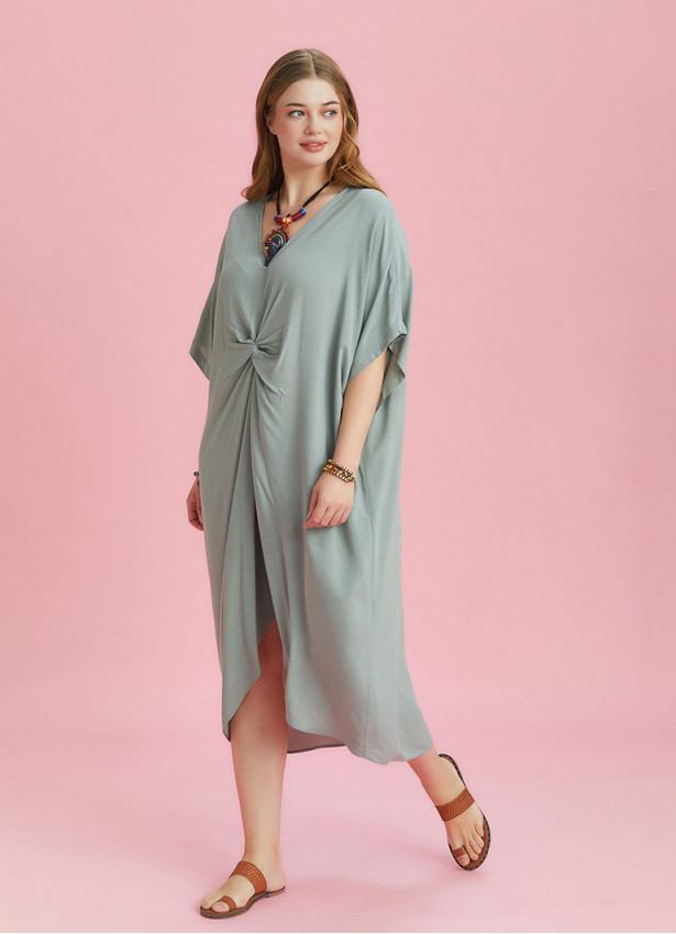 Twist Front Loose Green Bat Wing Plus Size Dress