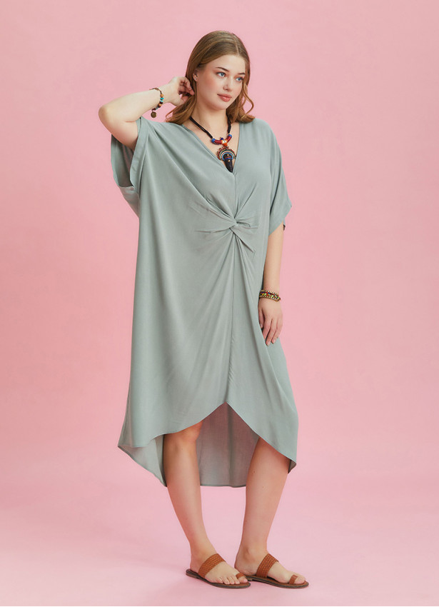 Twist Front Loose Green Bat Wing Plus Size Dress