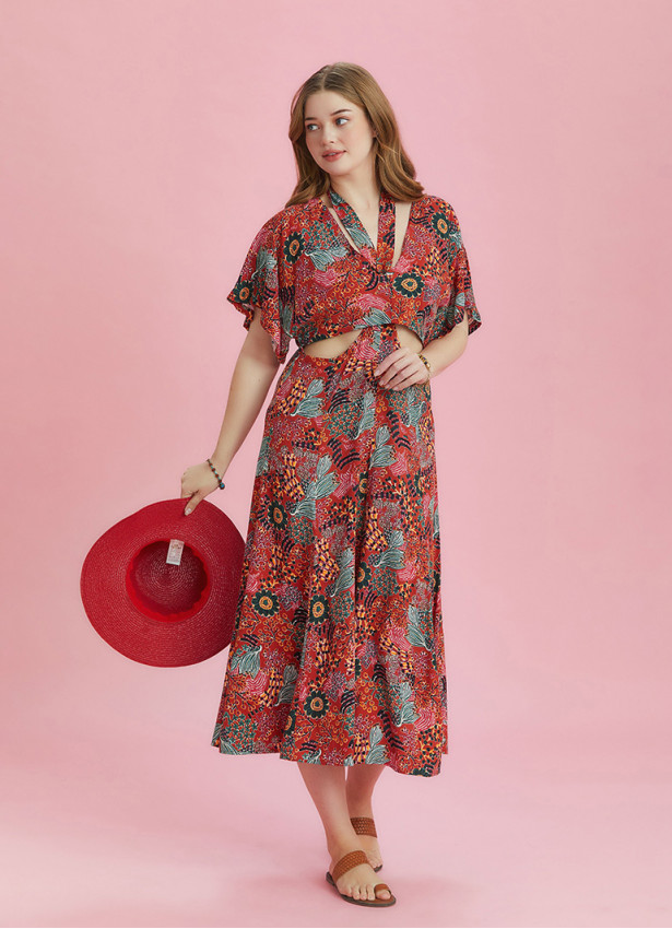 Boho Chic Style Red Printed Cut Out Plus Size Dress